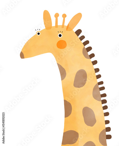 Giraffe on White. Nursery Vector Art with Cute Giraffe. Funny Hand Drawn Print with Cartoon of Giraffe on a White Background. Safari Animal. Infantile Drawing-like Funny Giraffe. African Animal.	