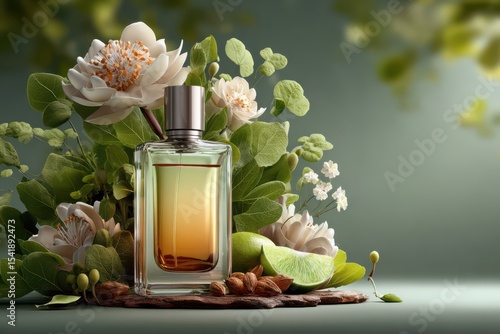 Perfume bottle with floral background banner