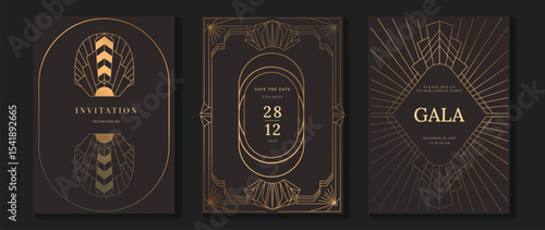 Luxury wedding invitation card background vector. Golden elegant gold frame on brown background. Premium design illustration for wedding and vip cover template, banner, poster.