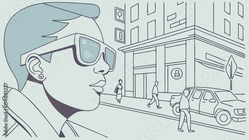 Cartoon illustration of a businesswoman working on a computer in the city, with a humorous comic art style