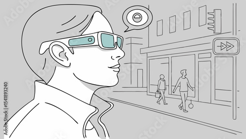 A person wearing smart glasses in a city with a speech bubble showing a ring above their head concept art