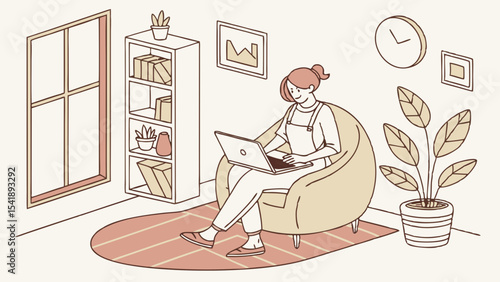 A woman sitting on a beanbag chair using a laptop in a room with a bookshelf window and potted plant