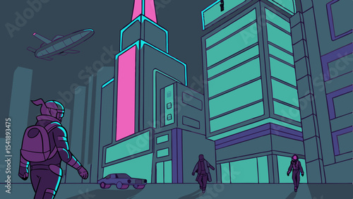 A futuristic cityscape with towering buildings, a person walking, and a plane flying in the sky above them