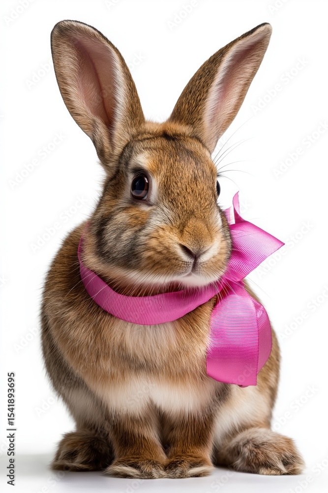 Obraz premium A rabbit wearing a pink ribbon. The rabbit is sitting on a white background. The ribbon is pink and tied around the rabbit's neck