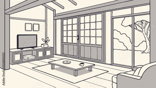 Interior view of a japanese style room with sliding doors a tv and a low table in a minimalist design