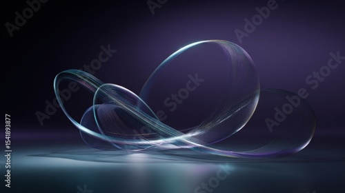 Futuristic abstract 3D rendering with dynamic glowing neon lines and colorful light streaks forming a floating shape over reflective surface on dark purple background