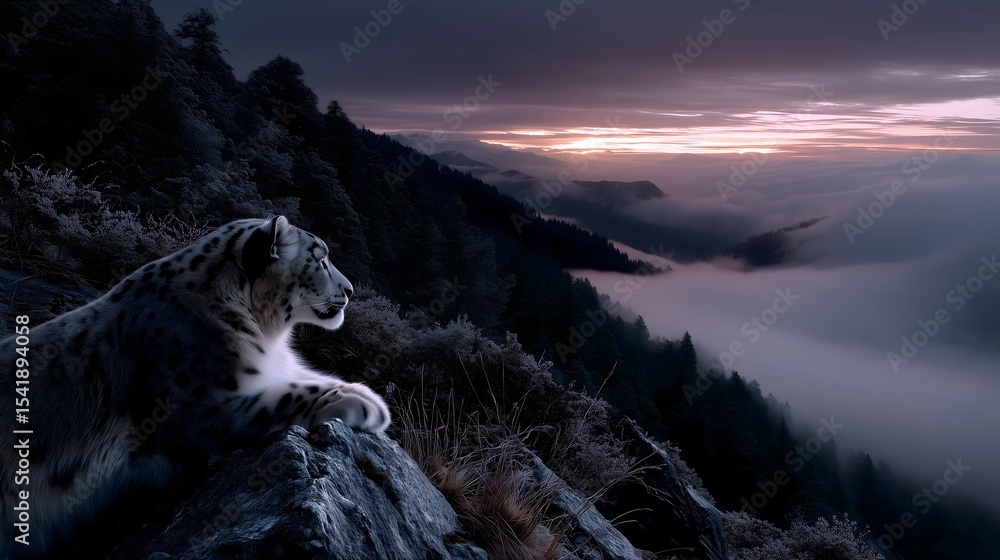 Obraz premium Snow leopard blends into rocky Himalayan landscape at dawn, observing the misty valley below as the sun begins to rise