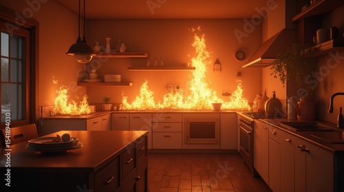 The scene of the kitchen burning down by accident, animated virtual repeating seamless 4k