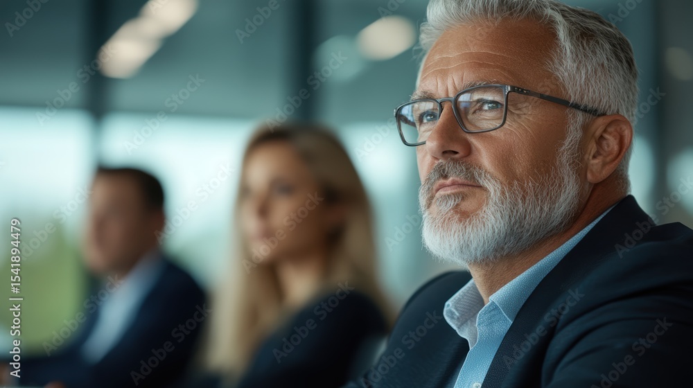 Senior businessman with grey hair and beard wearing glasses in a professional meeting setting close-up portrait representing leadership and experience Senior businessman with grey hair and beard wearing glasses in a professional meeting setting close-up portrait representing leadership and experience