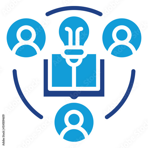Collaborative Ideas Glyph Dual Tone Blue Fill Silhouette Style Icon - Open book with central light bulb and people around, representing idea exchange in group learning