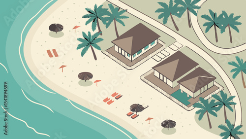 A tropical beach resort scene with palm trees, buildings, umbrellas, and lounge chairs in an aerial view