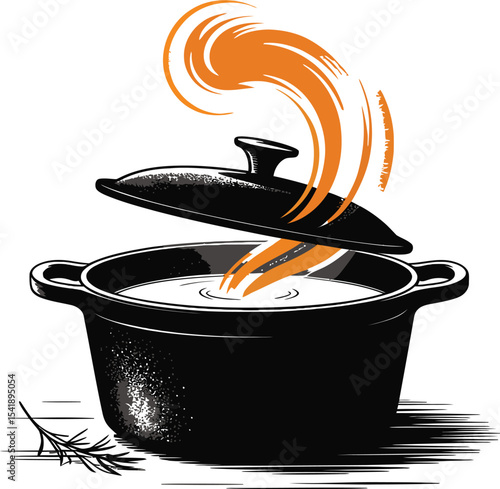 Vector Dutch Oven Cooking Pot, Cast Iron Pot with Steam and Rosemary Sprig.