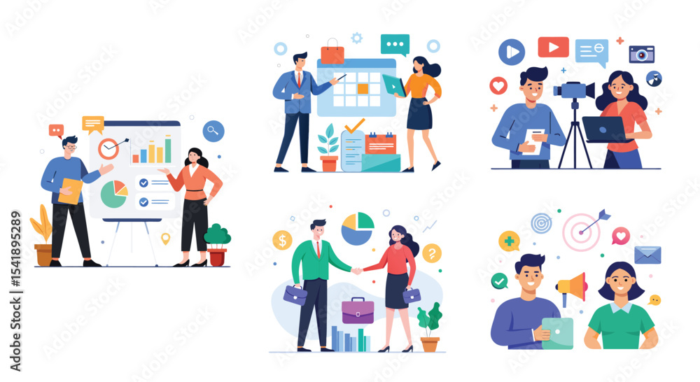 Illustration of business marketing ideas. Teamwork and idea sharing concept. Flat style design Illustration of business marketing ideas. Teamwork and idea sharing concept. Flat style design