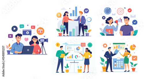 Illustration of business marketing ideas. Teamwork and idea sharing concept. Flat style design