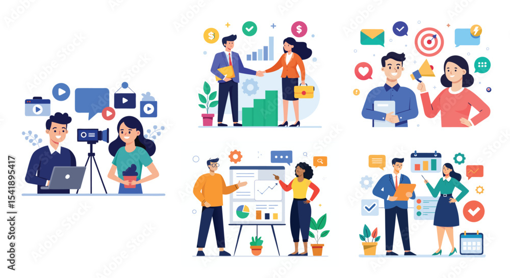 Illustration of business marketing ideas. Teamwork and idea sharing concept. Flat style design Illustration of business marketing ideas. Teamwork and idea sharing concept. Flat style design
