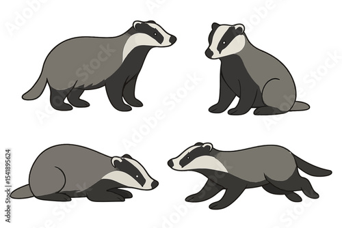 Badgers in different poses on a transparent background