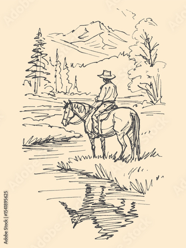 Cowboy riding horse by mountain river sketch vector illustration

