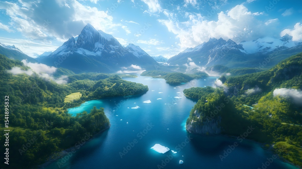 Obraz premium Glacier calving into a turquoise lake surrounded by towering mountains during a bright sunny day
