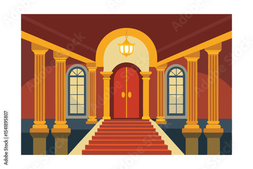 Grand Entrance Majestic Architecture with Red Carpet and Golden Columns