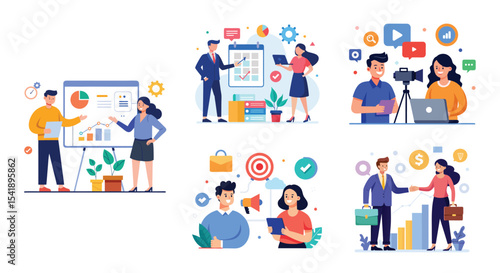 Illustration of business marketing ideas. Teamwork and idea sharing concept. Flat style design