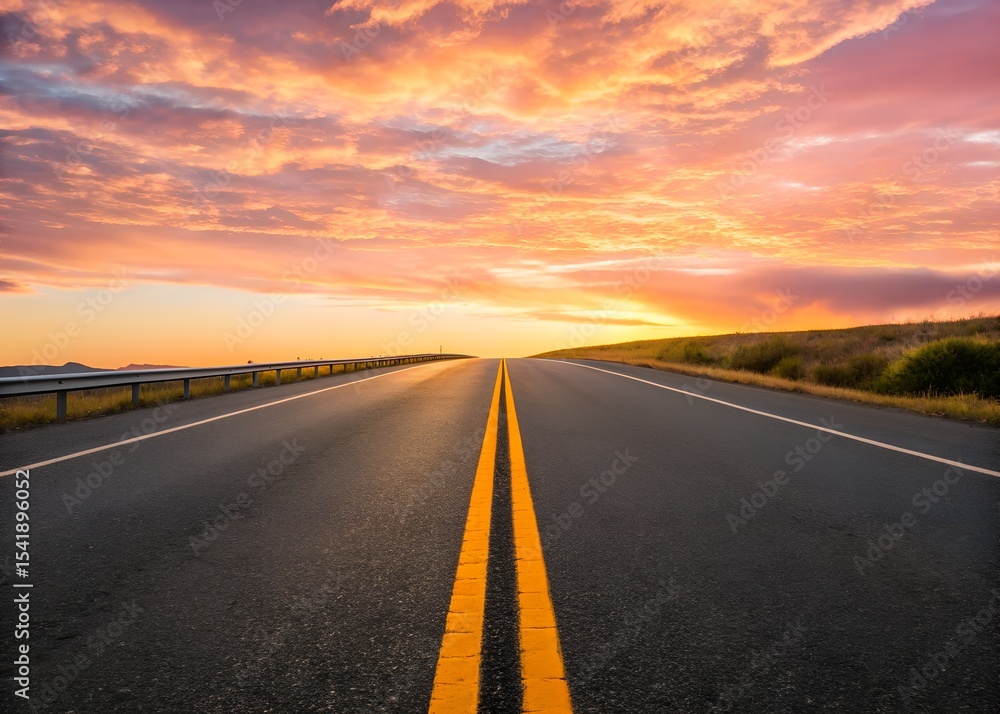 Fototapeta premium Asphalt Road with Yellow Lines Leading to a Sunset Sky