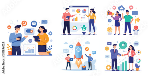 Illustration of business marketing ideas. Teamwork and idea sharing concept. Flat style design