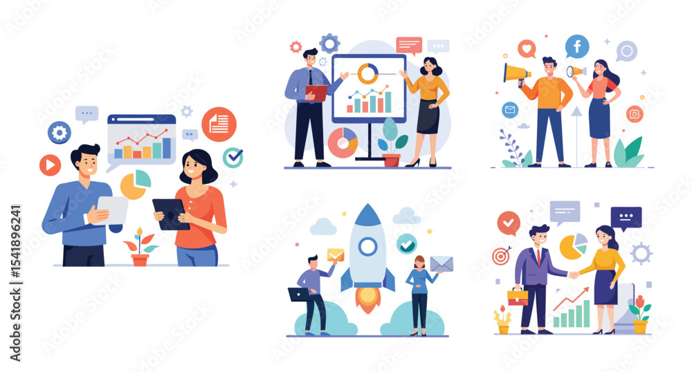 Illustration of business marketing ideas. Teamwork and idea sharing concept. Flat style design Illustration of business marketing ideas. Teamwork and idea sharing concept. Flat style design
