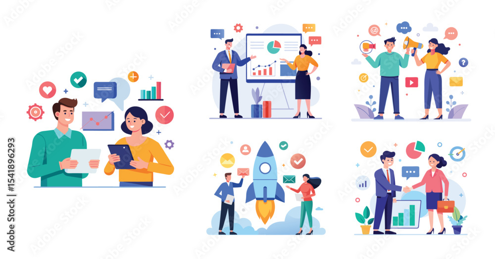 Illustration of business marketing ideas. Teamwork and idea sharing concept. Flat style design Illustration of business marketing ideas. Teamwork and idea sharing concept. Flat style design