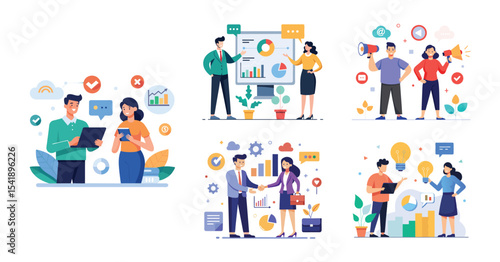Illustration of business marketing ideas. Teamwork and idea sharing concept. Flat style design