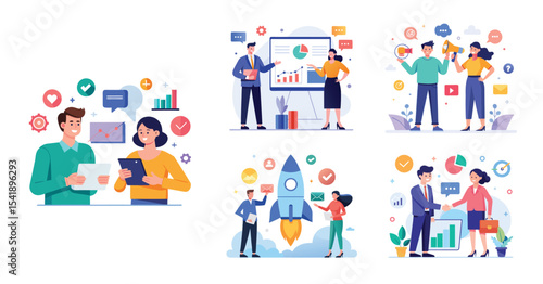 Illustration of business marketing ideas. Teamwork and idea sharing concept. Flat style design