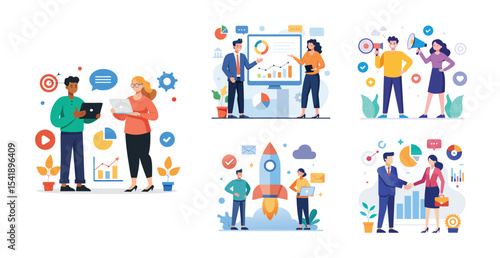 Illustration of business marketing ideas. Teamwork and idea sharing concept. Flat style design