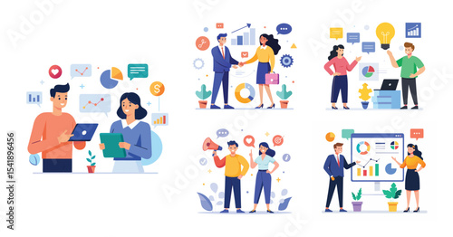 Illustration of business marketing ideas. Teamwork and idea sharing concept. Flat style design