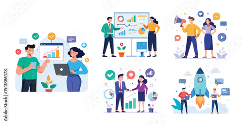 Illustration of business marketing ideas. Teamwork and idea sharing concept. Flat style design