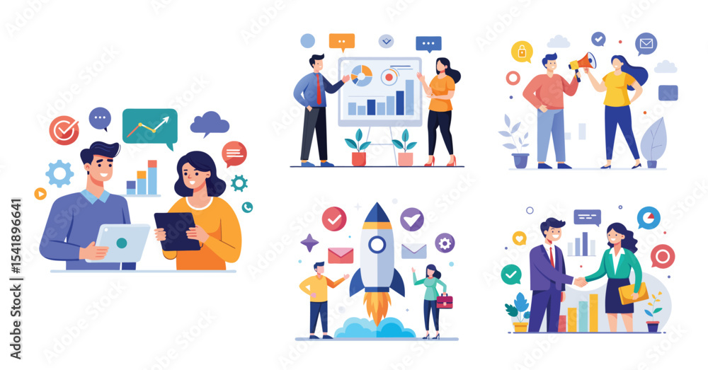 Illustration of business marketing ideas. Teamwork and idea sharing concept. Flat style design Illustration of business marketing ideas. Teamwork and idea sharing concept. Flat style design