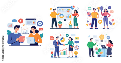 Illustration of business marketing ideas. Teamwork and idea sharing concept. Flat style design