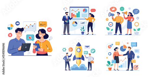 Illustration of business marketing ideas. Teamwork and idea sharing concept. Flat style design