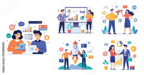 Illustration of business marketing ideas. Teamwork and idea sharing concept. Flat style design