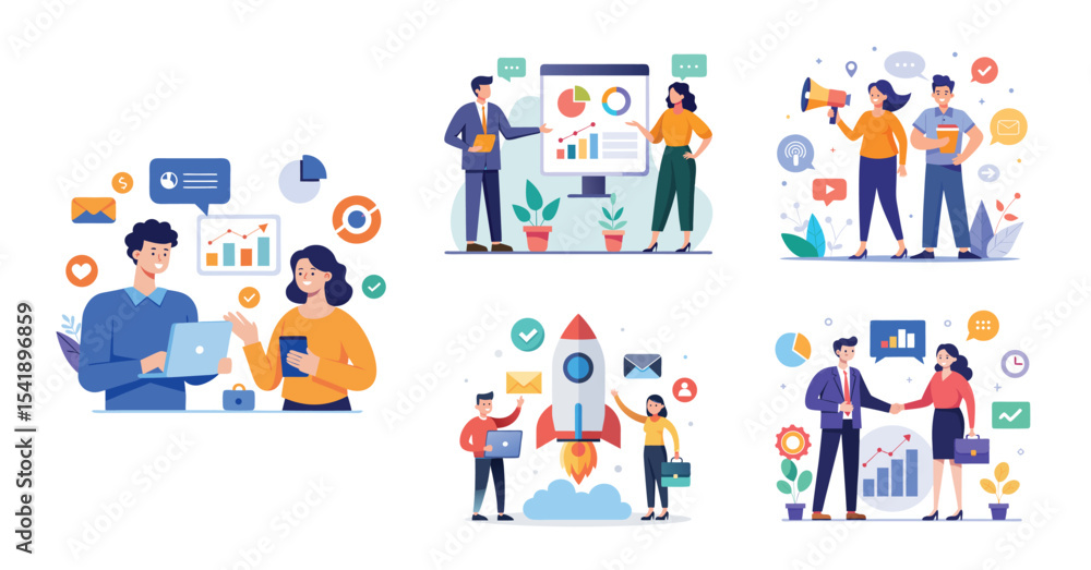 Illustration of business marketing ideas. Teamwork and idea sharing concept. Flat style design Illustration of business marketing ideas. Teamwork and idea sharing concept. Flat style design