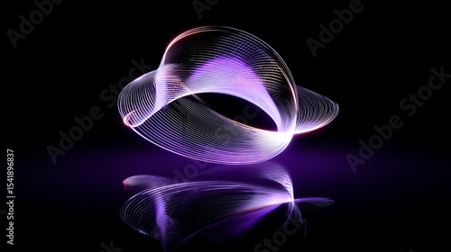 Futuristic abstract 3D rendering with dynamic glowing neon lines and colorful light streaks forming a floating shape over reflective surface on dark purple background
