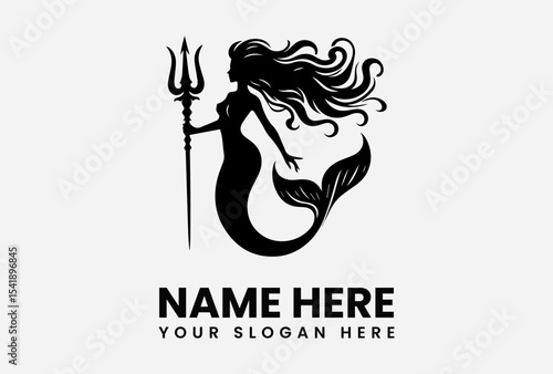 Silhouette of a mermaid holding a trident, with flowing hair, against a plain background.