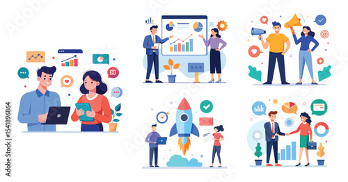 Illustration of business marketing ideas. Teamwork and idea sharing concept. Flat style design
