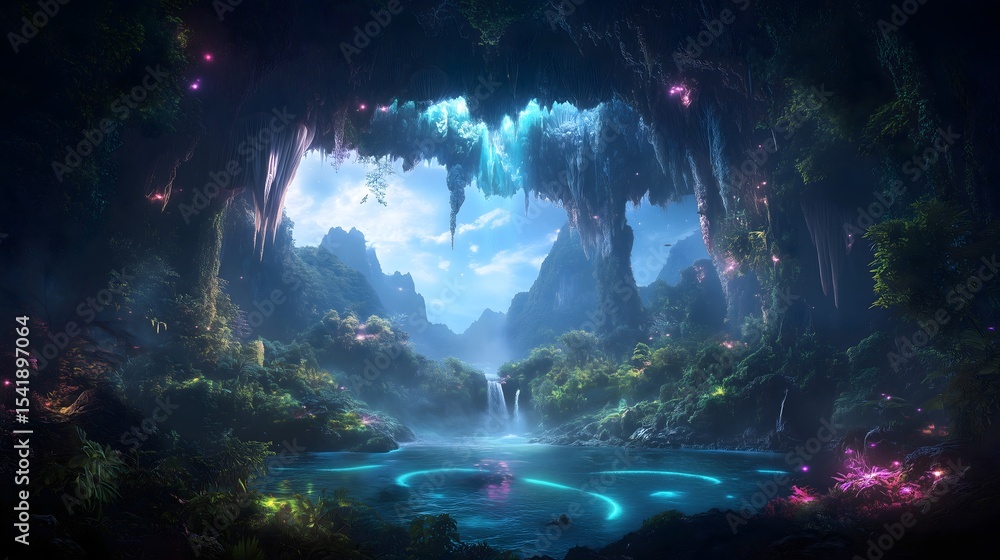 Fototapeta premium Glowing stalactite cave in New Zealand showcases breathtaking natural beauty with shimmering lights and serene waters