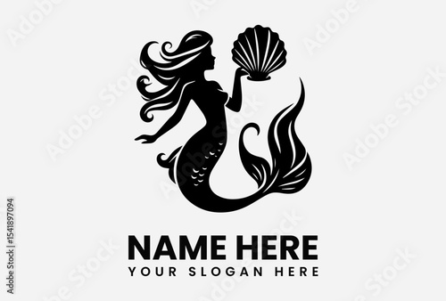 Silhouette of a mermaid holding a seashell, with flowing hair and a detailed tail.