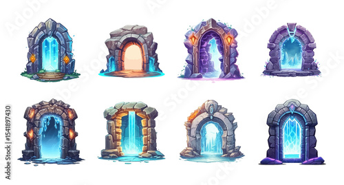 Fantasy Magic Portals Set – Vector Game Door Illustrations. Collection of colorful fantasy-style magic portals in vector format, ideal for games, or fantasy art.