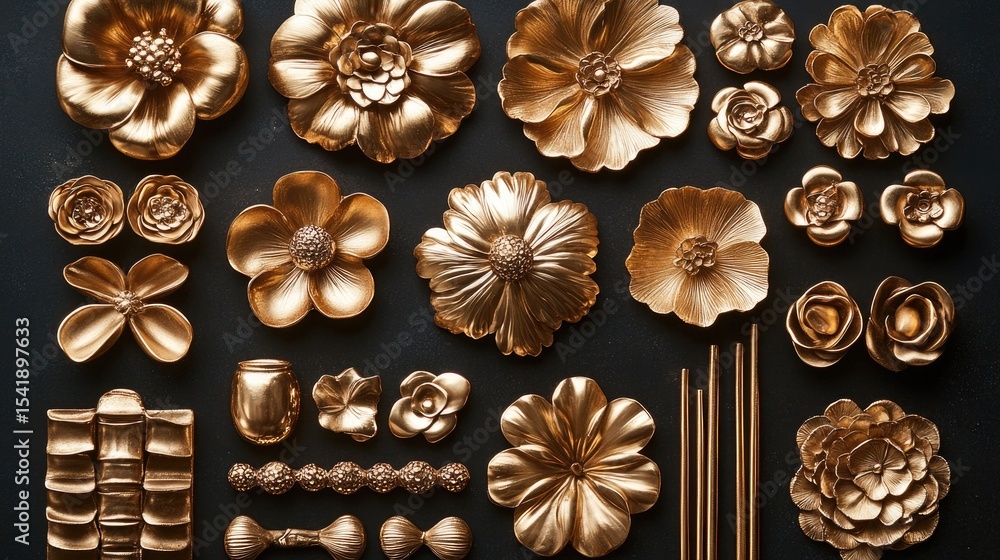 Fototapeta premium Gold flowers, decorative elements, dark background, craft supplies