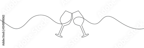 Continuous one line drawing of glass of wine. Champagne toast and cheers in simple linear style. Alcohol and cocktail drink menu in editable stroke. Doodle one line vector illustration . EPS 10 .