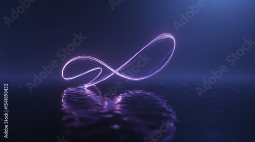 Futuristic abstract 3D rendering with dynamic glowing neon lines and colorful light streaks forming a floating shape over reflective surface on dark purple background