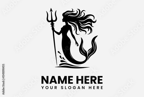 Elegant silhouette of a mermaid holding a trident, poised above stylized waves.
