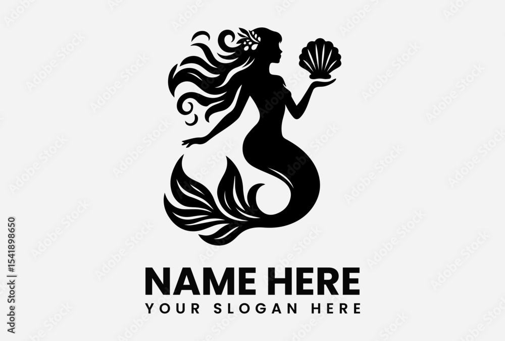 Fototapeta premium Silhouette of a mermaid holding a seashell, with flowing hair and decorative elements.