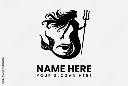 Silhouette of a mermaid holding a trident, with flowing hair, ready to be used.